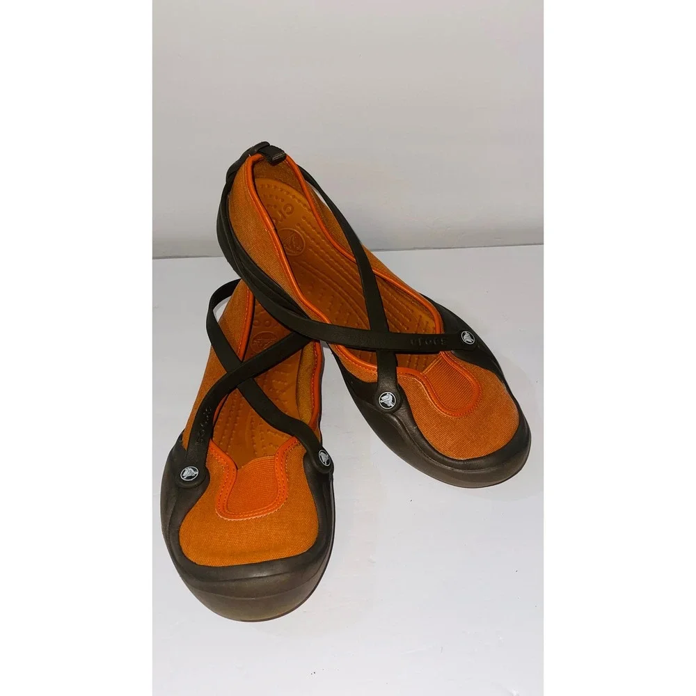 Crocs Womens Adrina Mary Jane Size 12 Orange Brown Canvas Comfort Clog